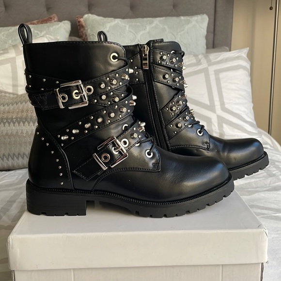 Black Triple Buckle Studded Biker Boot - Picture 1 of 6